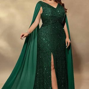 Robe Demoiselle D'Honneur Ajustée Longue Fendue Pailletée Col En V Cape Longue - Carlotta