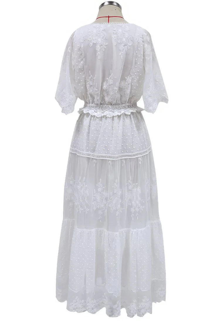 Robe Demoiselle D'Honneur Blanche Dentelle Broderie Florale Midi Col V Manches Courtes - Bianca – Image 6