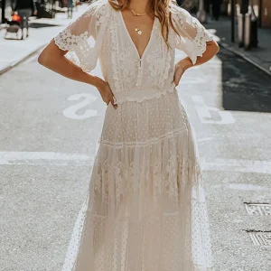 Robe Demoiselle D'Honneur Blanche Dentelle Broderie Florale Midi Col V Manches Courtes - Bianca