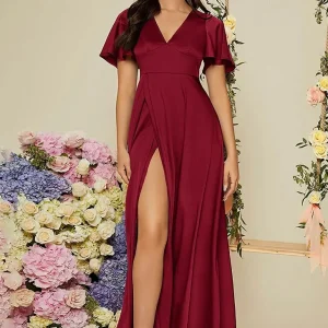 Robe Demoiselle D'Honneur Bordeaux Mousseline De Soie Col En V Fente Latérale Manches Volantées - Ines