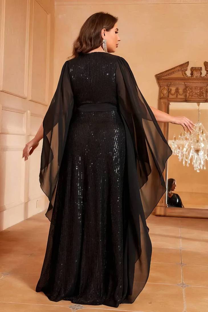 Robe Demoiselle D'Honneur Grande Taille Longue À Sequins Fente Latérale Avec Cape - Camila – Image 3