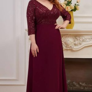 Robe Demoiselle D'Honneur Grande Taille Longue Corsage À Paillettes Manches 3/4 Col En V Ligne A - Giorgia