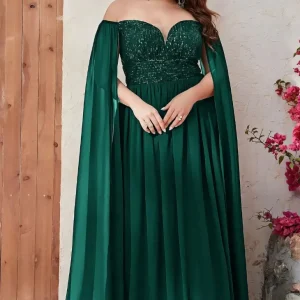 Robe Demoiselle D'Honneur Grande Taille Manches Transparentes Mousseline De Soie Bustier À Sequins Col Bardot - Elisabetta