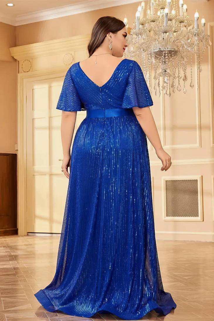 Robe Demoiselle D'Honneur Grande Taille Maxi Empire Plissée Scintillante Col En V Manches Courtes Larges - Raffaella – Image 2
