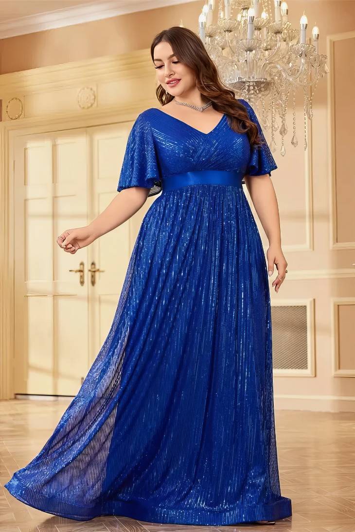 Robe Demoiselle D'Honneur Grande Taille Maxi Empire Plissée Scintillante Col En V Manches Courtes Larges - Raffaella – Image 6