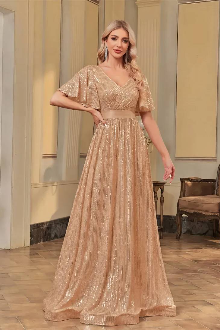 Robe Demoiselle D'Honneur Grande Taille Maxi Empire Plissée Scintillante Col En V Manches Courtes Larges - Raffaella – Image 8