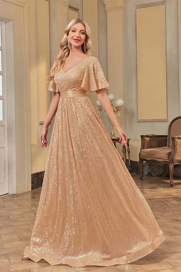 Robe Demoiselle D'Honneur Grande Taille Maxi Empire Plissée Scintillante Col En V Manches Courtes Larges - Raffaella – Image 7
