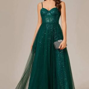 Robe Demoiselle D'Honneur Longue Col En Cœur Fines Bretelles Ligne A - Eliana