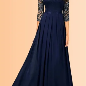 Robe Demoiselle D'Honneur Longue Dentelle Manches 3/4 Florales - Elena