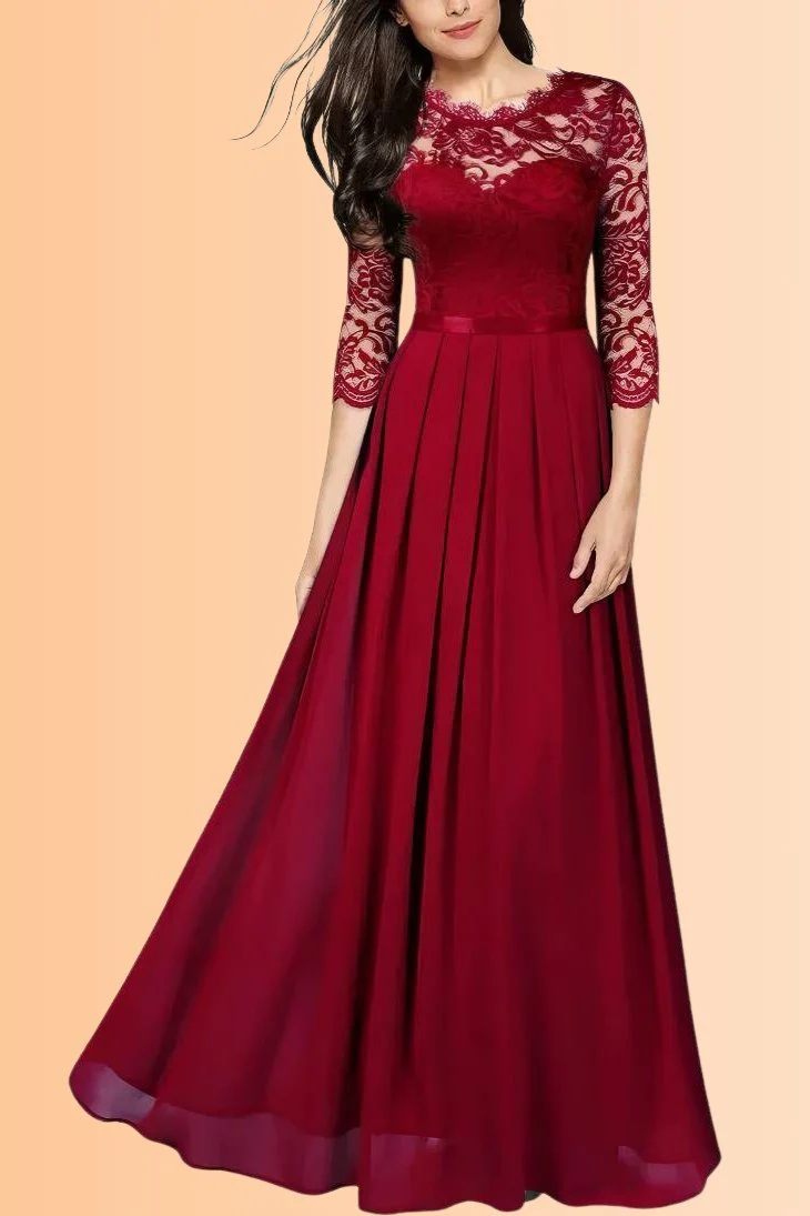 Robe Demoiselle D'Honneur Longue Dentelle Manches 3/4 Florales - Elena – Image 3