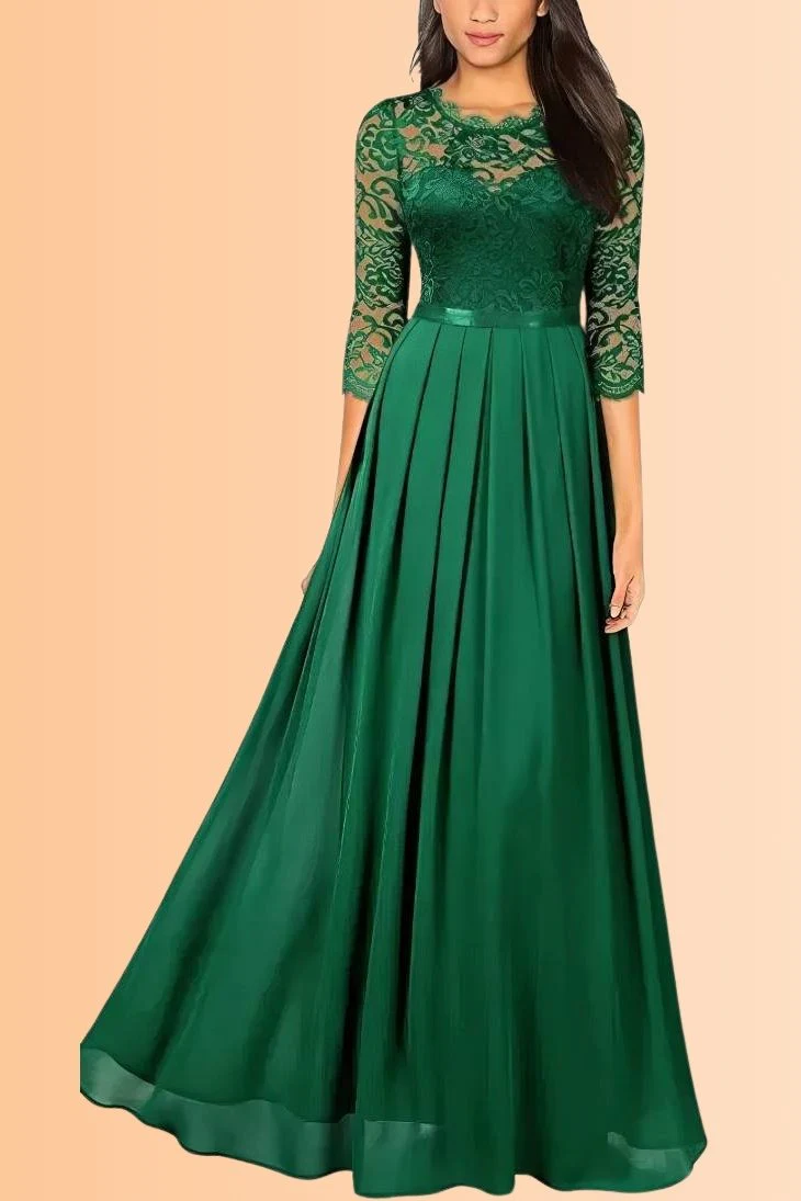 Robe Demoiselle D'Honneur Longue Dentelle Manches 3/4 Florales - Elena – Image 7