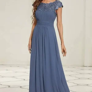 Robe Demoiselle D'Honneur Longue Empire Dentelle Manches Très Courtes Col Rond Ligne A - Sofia