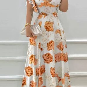 Robe Demoiselle D'Honneur Longue Empire Fleurs Colorées Col En V Manches Courtes Évasées - Isabella