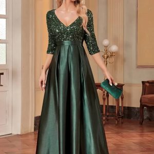 Robe Demoiselle D'Honneur Longue En Satin Col En V Pailleté Manches 3/4 - Delfina