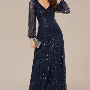 Robe Demoiselle D'Honneur Longue En Sequins Col V Manches Longues - Carina