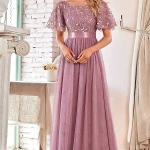 Robe Demoiselle D'Honneur Longue Feuilles Brillantes Jupe En Tulle Manches Courtes Transparentes - Claudia