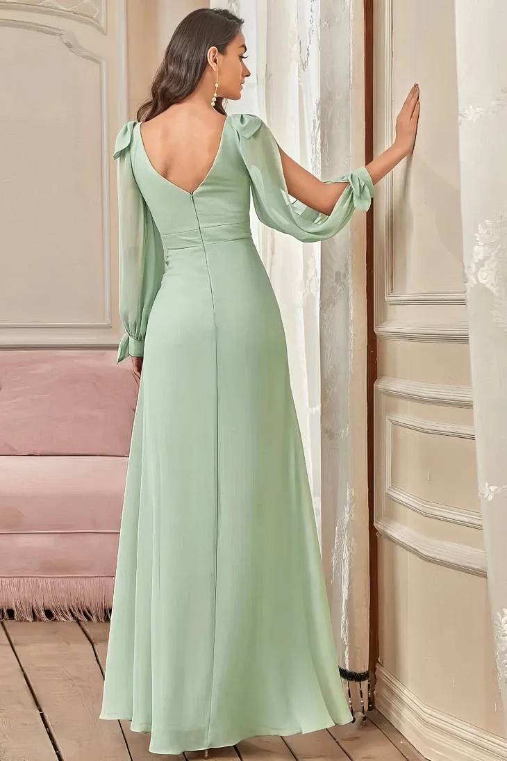 Robe Demoiselle D'Honneur Longue Fluide Fendue Mousseline De Soie Col En V Manches Longues Bouffantes - Laura – Image 2