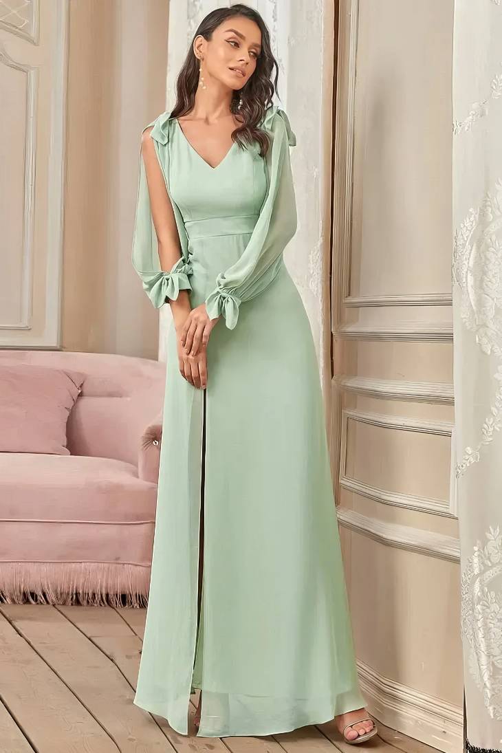 Robe Demoiselle D'Honneur Longue Fluide Fendue Mousseline De Soie Col En V Manches Longues Bouffantes - Laura – Image 3