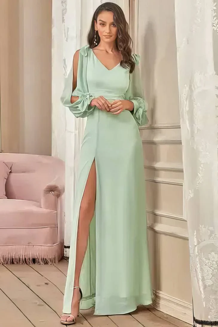 Robe Demoiselle D'Honneur Longue Fluide Fendue Mousseline De Soie Col En V Manches Longues Bouffantes - Laura – Image 4