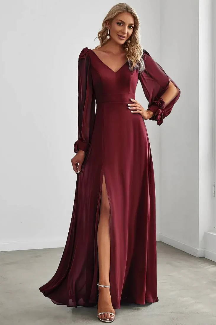 Robe Demoiselle D'Honneur Longue Fluide Fendue Mousseline De Soie Col En V Manches Longues Bouffantes - Laura – Image 6