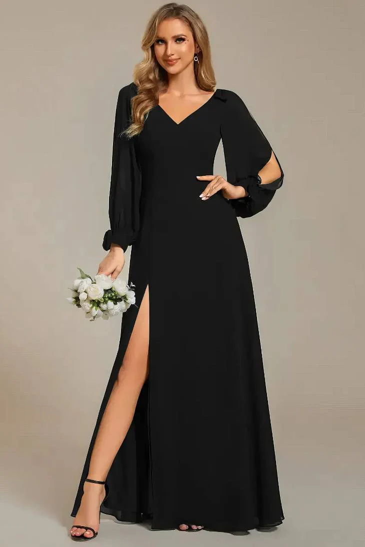 Robe Demoiselle D'Honneur Longue Fluide Fendue Mousseline De Soie Col En V Manches Longues Bouffantes - Laura – Image 5