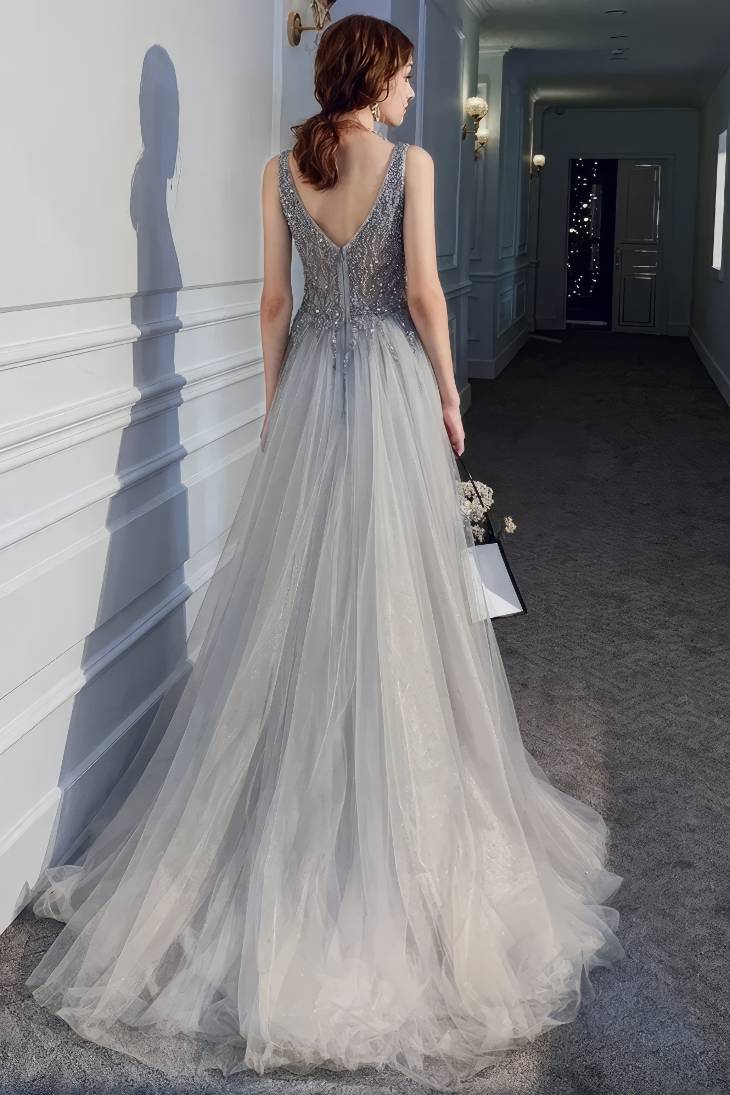 Robe Demoiselle D'Honneur Longue Grise Fendue Dos Nu Corsage Scintillant - Antonella – Image 2