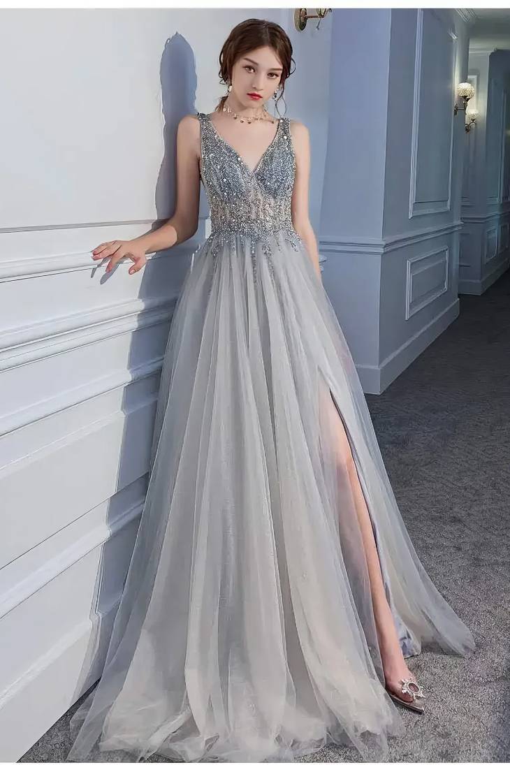 Robe Demoiselle D'Honneur Longue Grise Fendue Dos Nu Corsage Scintillant - Antonella – Image 3