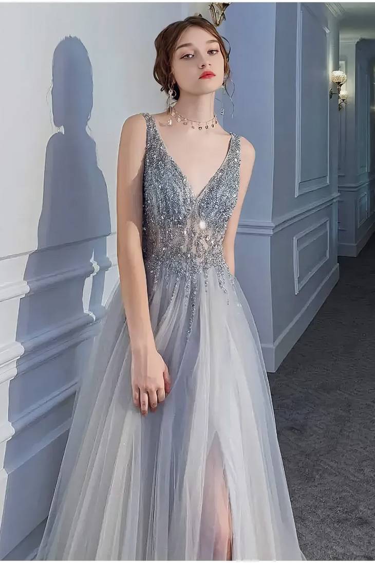 Robe Demoiselle D'Honneur Longue Grise Fendue Dos Nu Corsage Scintillant - Antonella – Image 4
