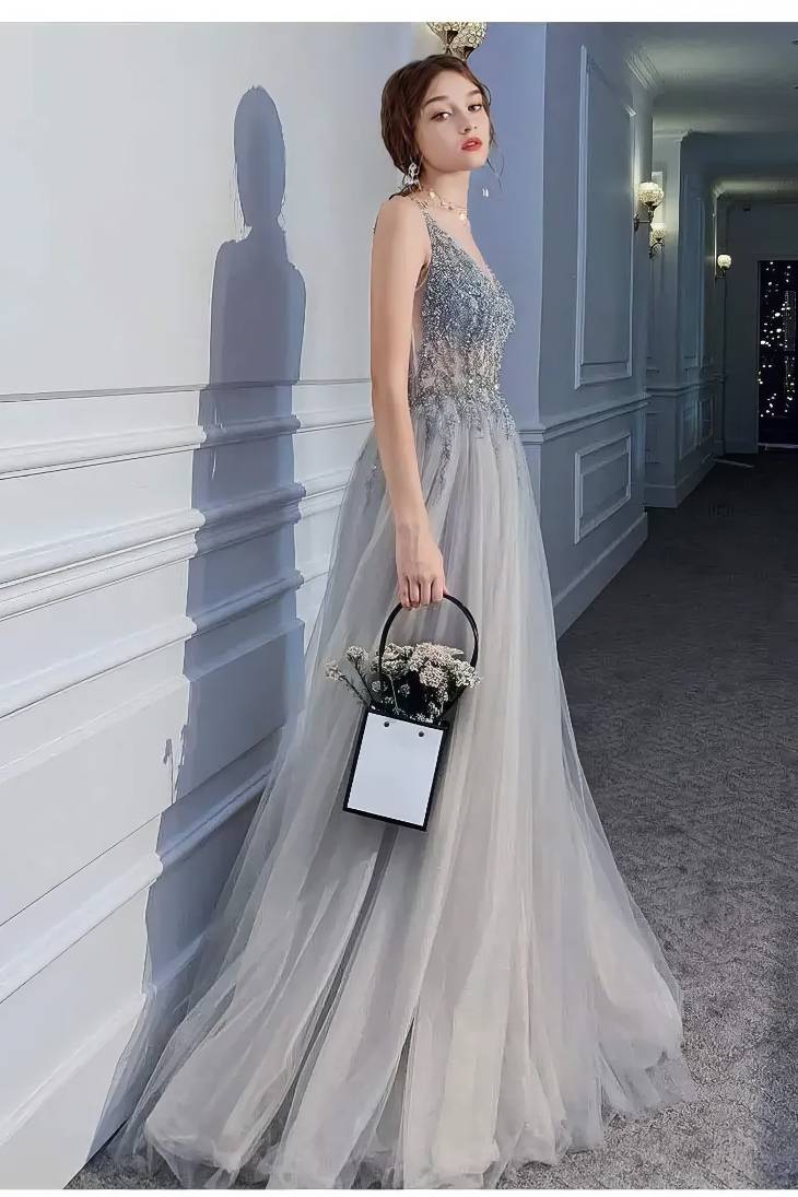 Robe Demoiselle D'Honneur Longue Grise Fendue Dos Nu Corsage Scintillant - Antonella – Image 6