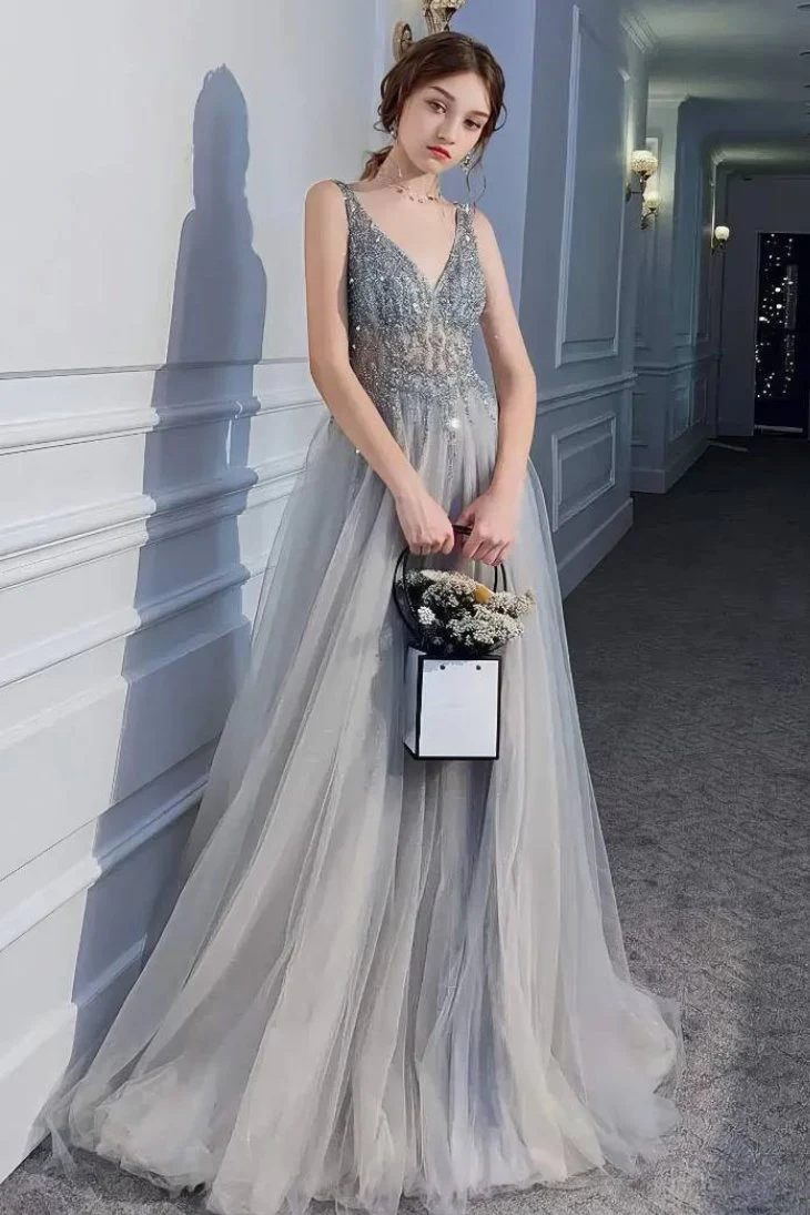 Robe Demoiselle D'Honneur Longue Grise Fendue Dos Nu Corsage Scintillant - Antonella