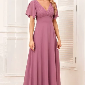 Robe Demoiselle D'Honneur Longue Mauve Fluide Mousseline De Soie Col En V Manches Cape - Donatella