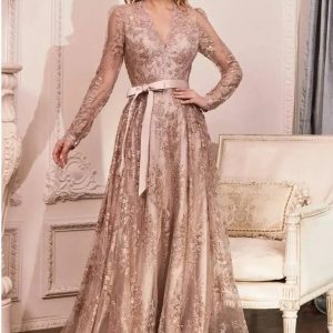 Robe Demoiselle D'Honneur Longue Motifs Floraux Col En V Rose Poudré Manches Longues Ceinture À Noeud - Caterina