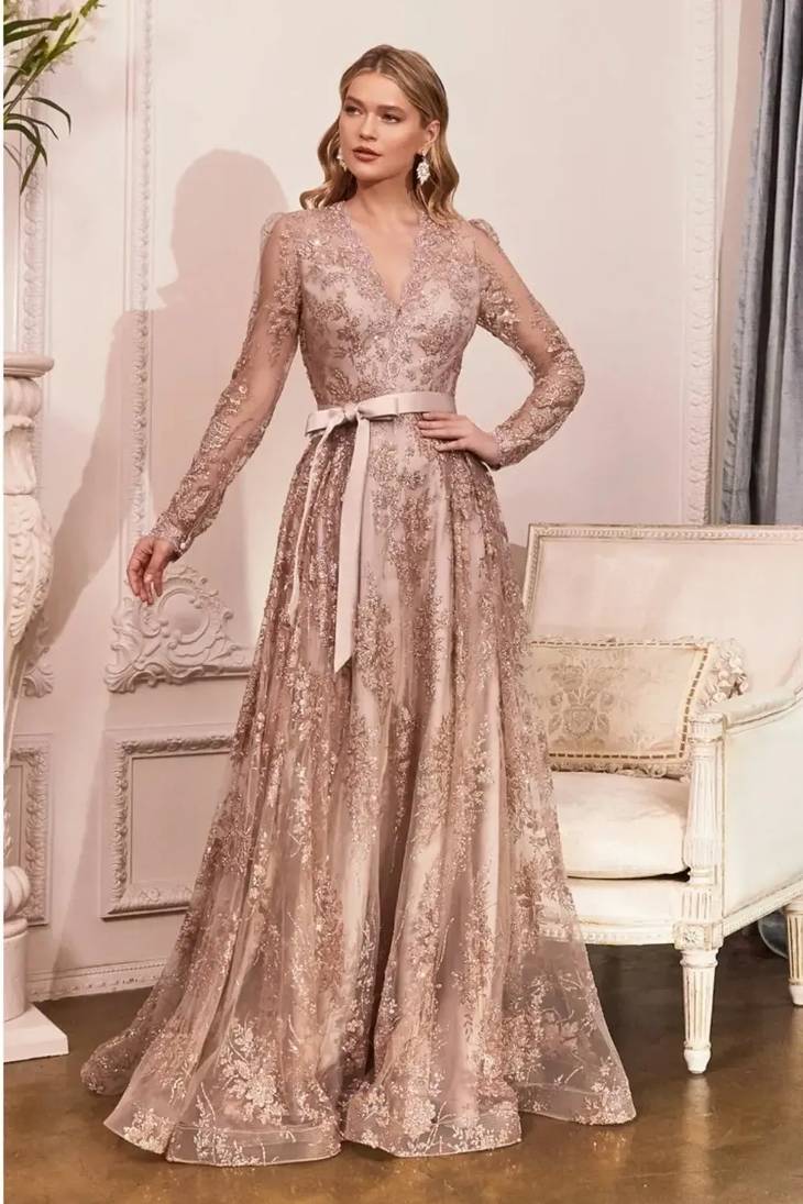 Robe Demoiselle D'Honneur Longue Motifs Floraux Col En V Rose Poudré Manches Longues Ceinture À Noeud - Caterina