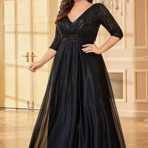 Robe Demoiselle D'Honneur Longue Noire Brillante Grande Taille Empire Col En V Manches 3/4 - Lunia