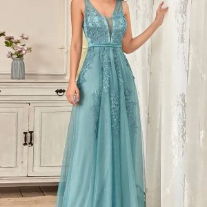 Robe Demoiselle D'Honneur Longue Tulle Broderie Florale Col En V Dos Nu Sans Manches - Vittoria