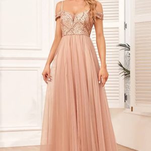 Robe Demoiselle D'Honneur Maxi À Paillettes Dos Nu Jupe Ample Bretelles Fines Épaules Dénudées - Lucia