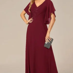 Robe Demoiselle D'Honneur Maxi Jupe Ample Mousseline Col En V Manches Flottantes - Aurora