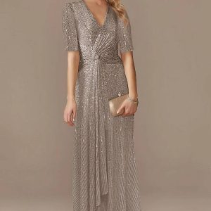 Robe Demoiselle D'Honneur Maxi Portefeuille À Paillettes Col V Manches Courtes - Patrizia