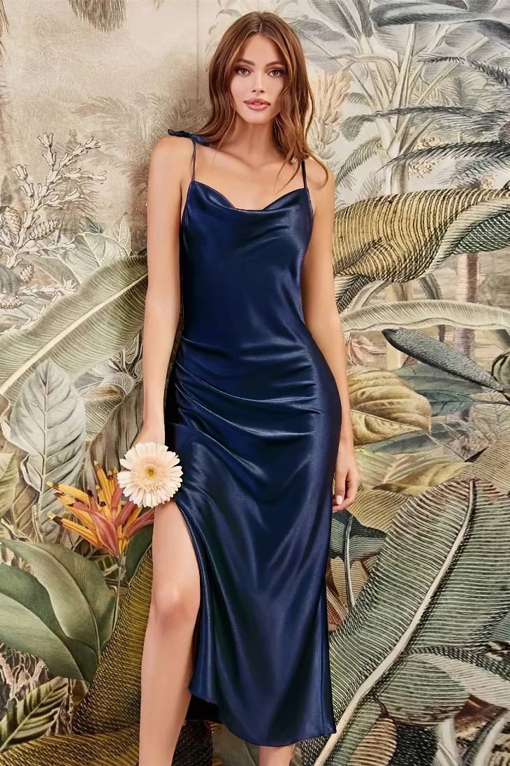 Robe Demoiselle D'Honneur Mi Longue Fluide Fendue Bretelles Fines - Giuliana – Image 8