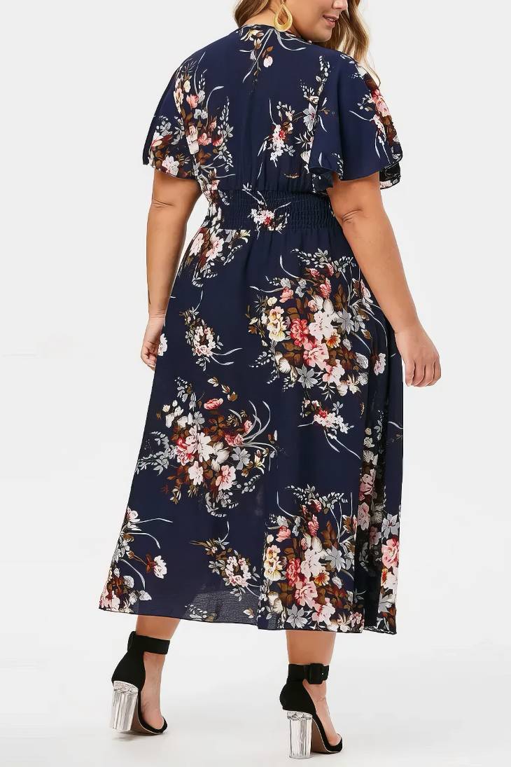 Robe Demoiselle D'Honneur Midi Grande Taille Fleurs Colorées Col V Manches Courtes - Serena – Image 2