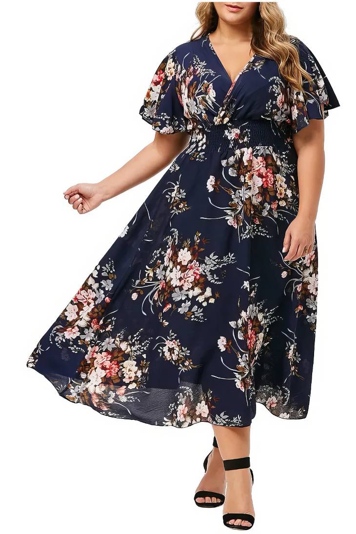 Robe Demoiselle D'Honneur Midi Grande Taille Fleurs Colorées Col V Manches Courtes - Serena – Image 3