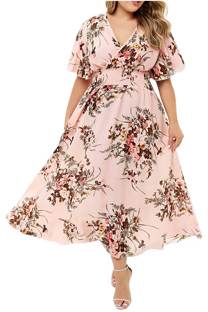 Robe Demoiselle D'Honneur Midi Grande Taille Fleurs Colorées Col V Manches Courtes - Serena – Image 7