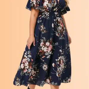 Robe Demoiselle D'Honneur Midi Grande Taille Fleurs Colorées Col V Manches Courtes - Serena