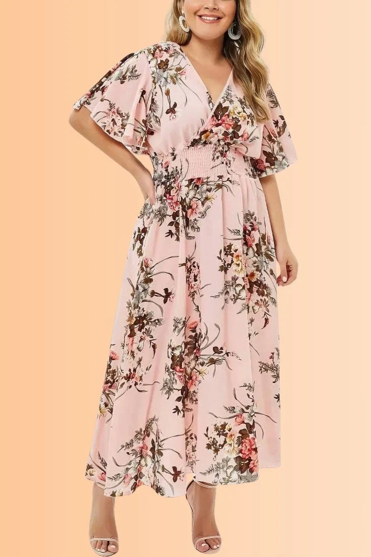 Robe Demoiselle D'Honneur Midi Grande Taille Fleurs Colorées Col V Manches Courtes - Serena – Image 5