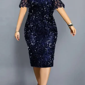 Robe Demoiselle D'Honneur Midi Sirène À Paillettes Manches Courtes - Valeria