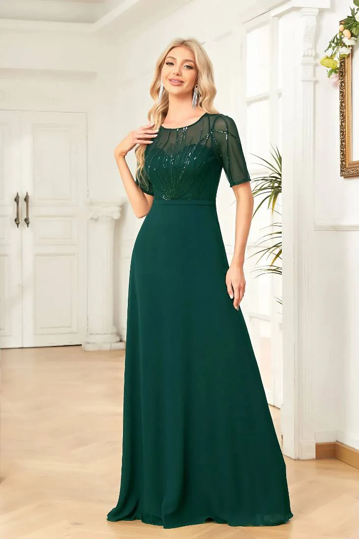 Robe Demoiselle D'Honneur Mousseline De Soie Col Rond Ligne A Bustier Transparent Manches Courtes - Zara
