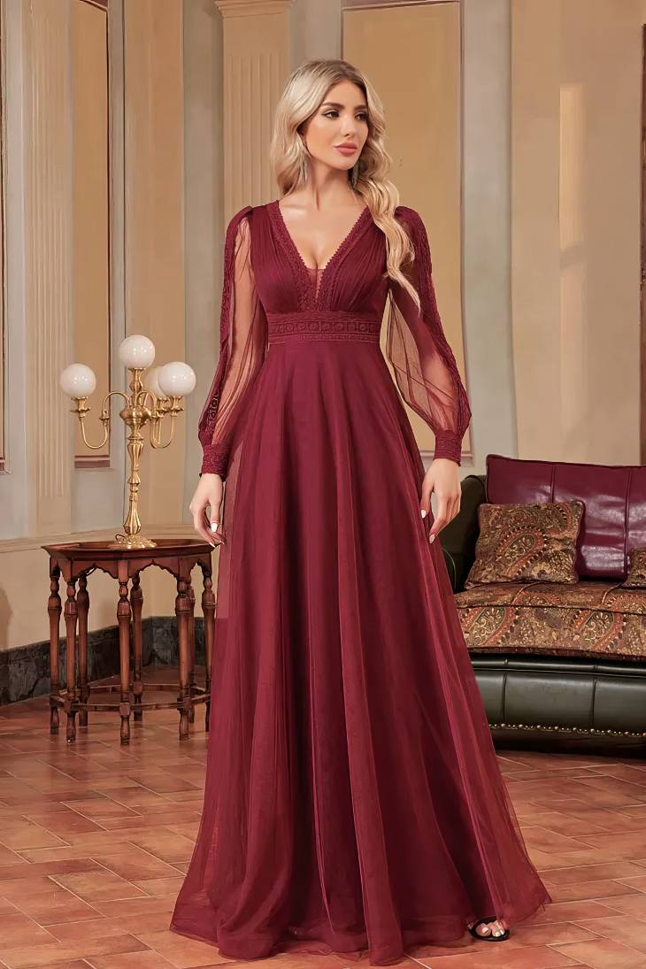 Robe Demoiselle D'Honneur Mousseline De Soie Longue Fluide Manches Longues Évasées Transparentes - Benedetta