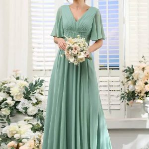 Robe Demoiselle D'Honneur Mousseline De Soie Plissée Fendue Longue Col En V Empire Manches Mi-Longues - Fabiola