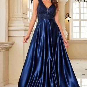 Robe Demoiselle D'Honneur Satin À Paillettes Dos Nu Sans Manches Col En V - Fiorella