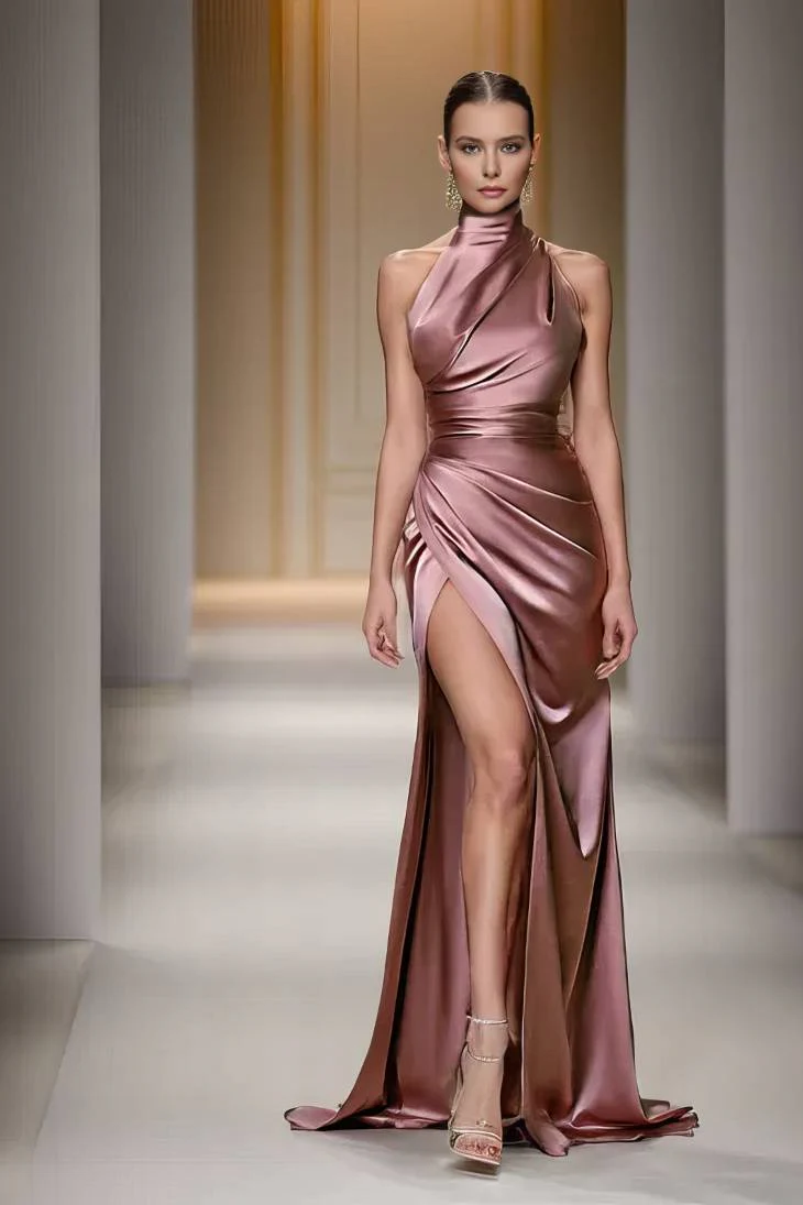 Robe Demoiselle D'Honneur Satin Brillant Col Licou - Camilla – Image 5